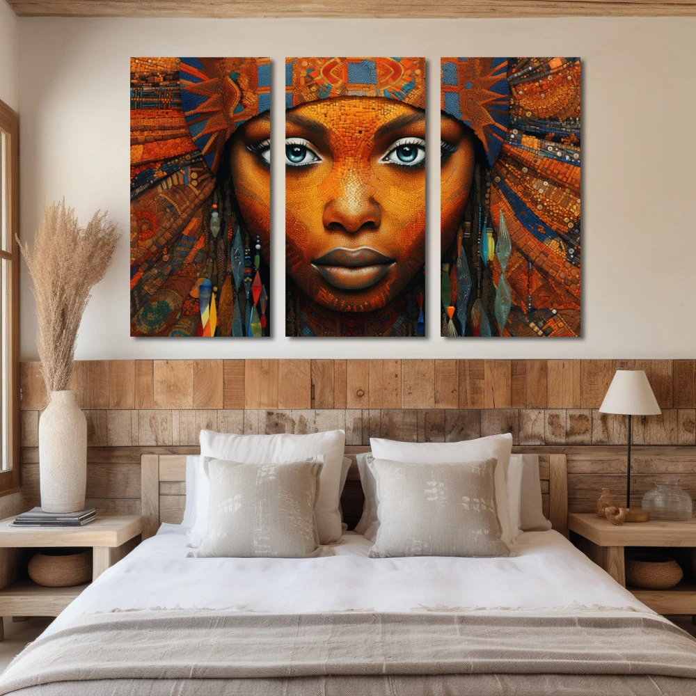 Cuadro mirada étnica en formato tríptico con colores azul, naranja; decorando pared de habitación dormitorio