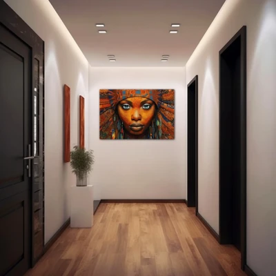Wall Art titled: Ethnic Gaze in a  format with: Blue, and Orange Colors; Decoration the Hallway wall
