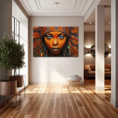 Wall Art titled: Ethnic Gaze in a Horizontal format with: Blue, and Orange Colors; Decoration the Hallway wall