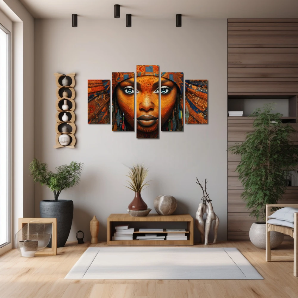 Wall Art titled: Ethnic Gaze in a Horizontal format with: Blue, and Orange Colors; Decoration the Hallway wall