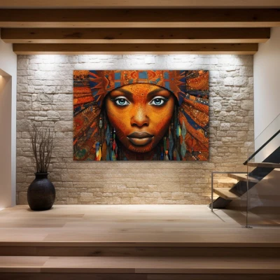 Wall Art titled: Ethnic Gaze in a  format with: Blue, and Orange Colors; Decoration the Stone Walls wall