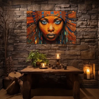 Wall Art titled: Ethnic Gaze in a  format with: Blue, and Orange Colors; Decoration the Stone Walls wall