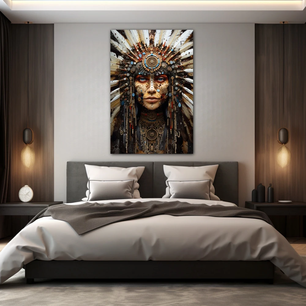 Wall Art titled: Waya Wolfmoon in a Vertical format with: Blue, white, and Brown Colors; Decoration the Bedroom wall