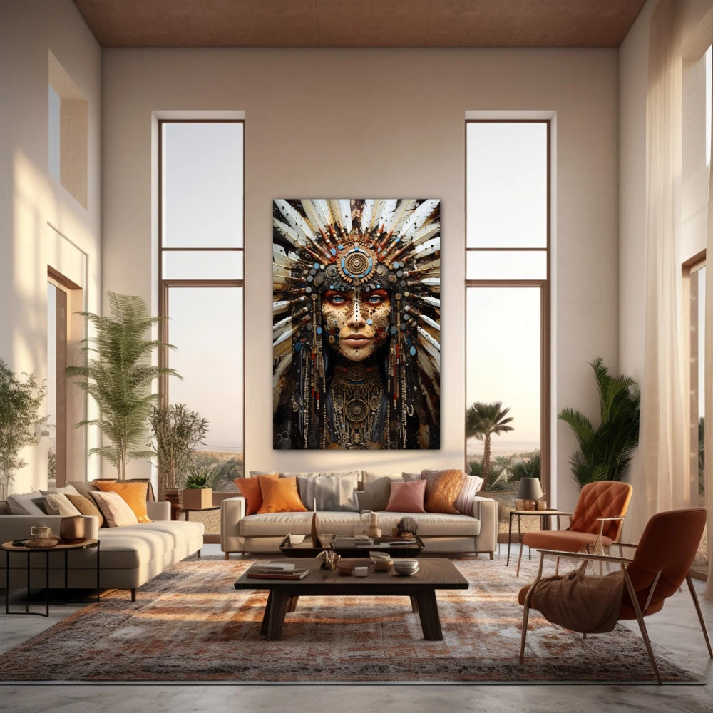 Wall Art titled: Waya Wolfmoon in a Vertical format with: Blue, white, and Brown Colors; Decoration the Living Room wall