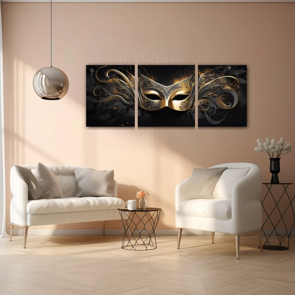 Wall Art titled: My Best Face in a Elongated format with: Golden, and Black Colors; Decoration the Living Room wall