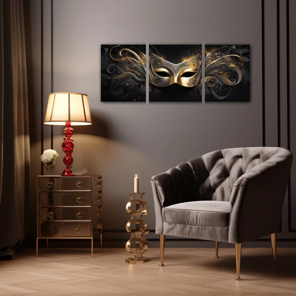 Wall Art titled: My Best Face in a Elongated format with: Golden, and Black Colors; Decoration the Living Room wall