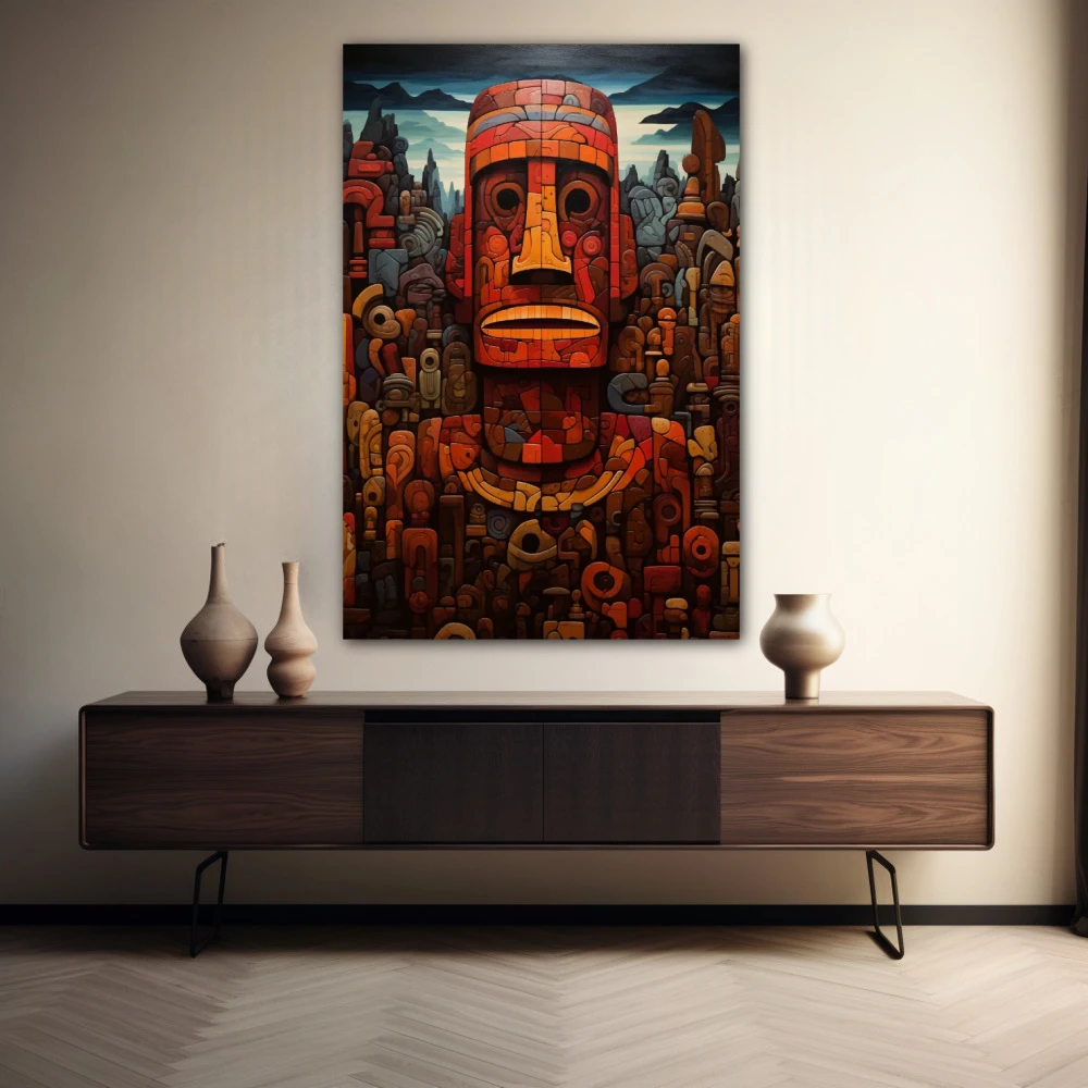 Wall Art titled: Kailani Kanekoa in a Vertical format with: Blue, Grey, and Red Colors; Decoration the Sideboard wall
