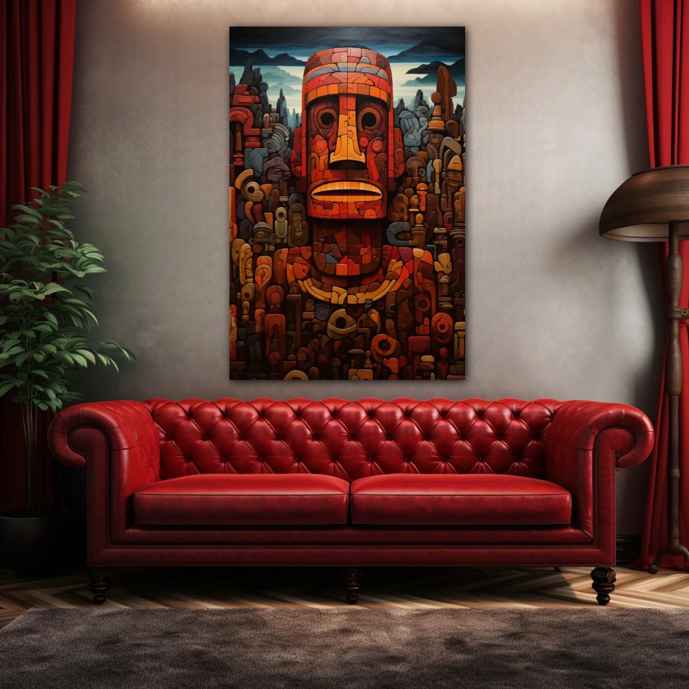 Wall Art titled: Kailani Kanekoa in a Vertical format with: Blue, Grey, and Red Colors; Decoration the Above Couch wall
