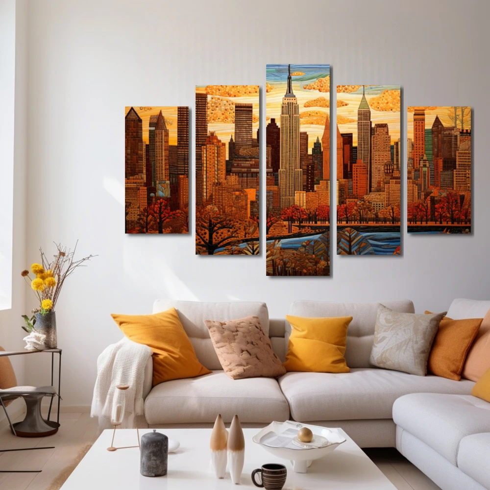 Wall Art titled: The City That Never Sleeps in a Horizontal format with: Blue, Brown, and Beige Colors; Decoration the White Wall wall