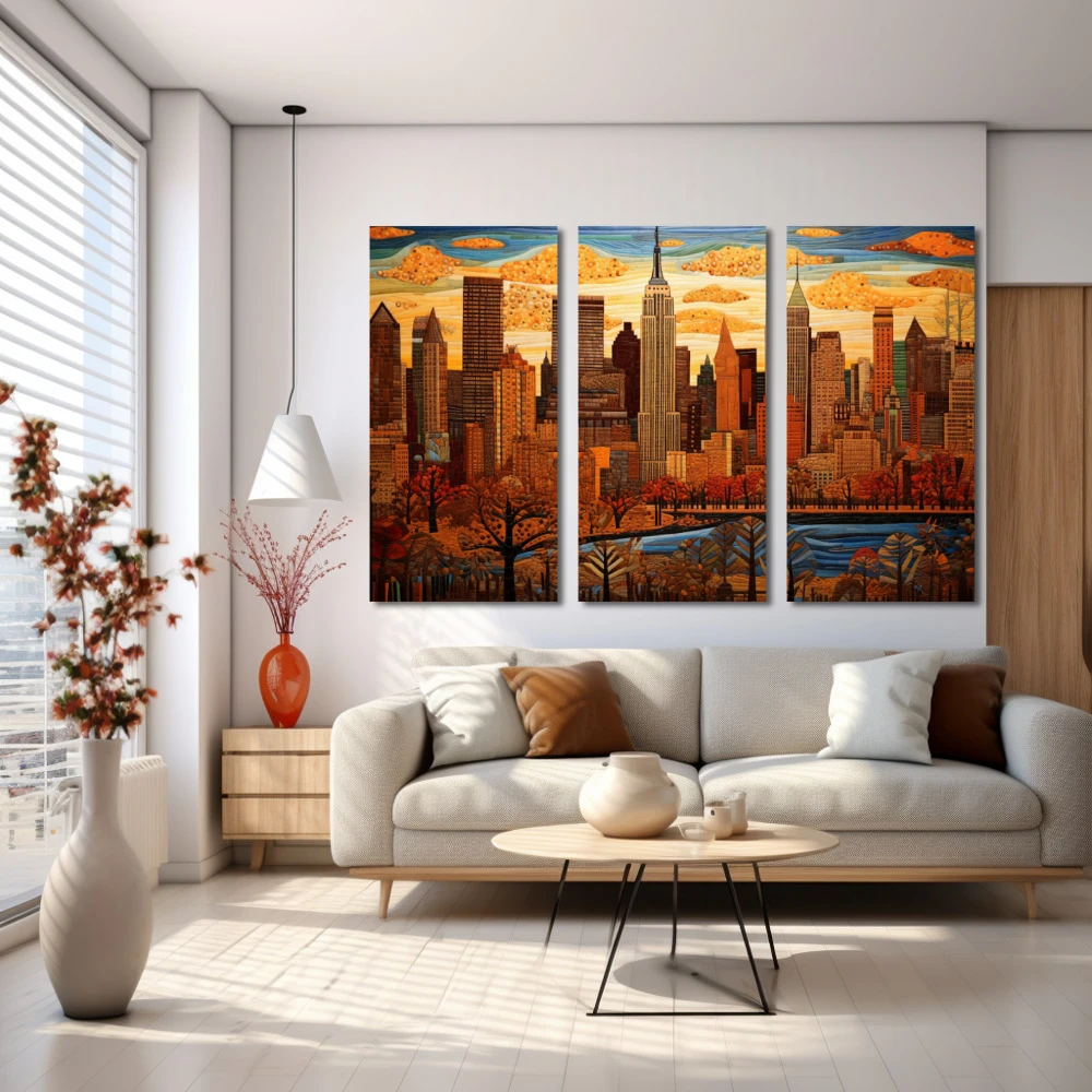 Wall Art titled: The City That Never Sleeps in a Horizontal format with: Blue, Brown, and Beige Colors; Decoration the White Wall wall
