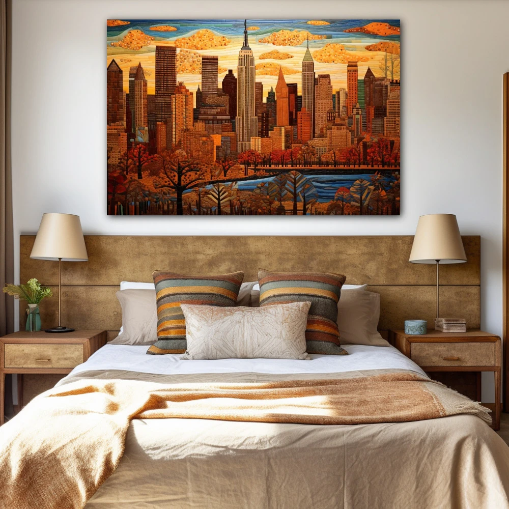 Cuadro la ciudad que nunca duerme en formato horizontal con colores azul, marrón, beige; decorando pared de habitación dormitorio