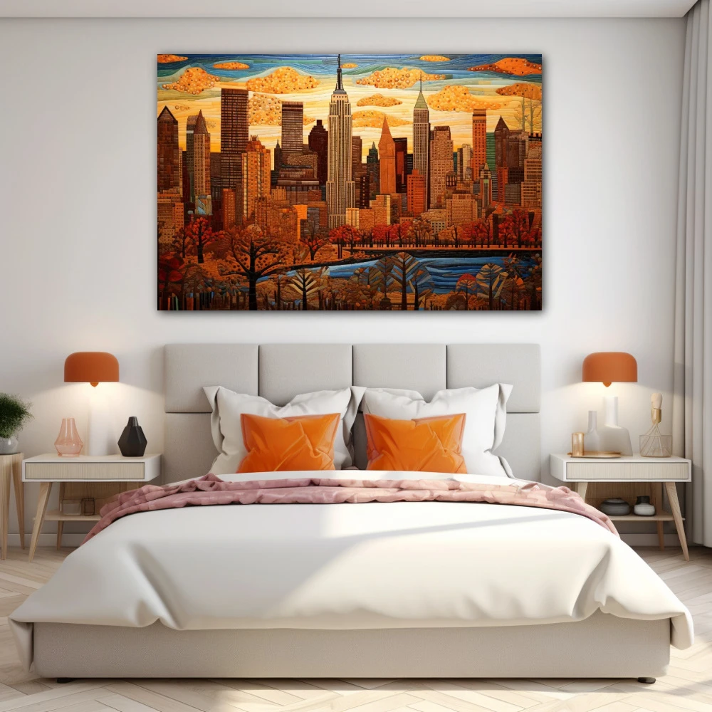 Wall Art titled: The City That Never Sleeps in a Horizontal format with: Blue, Brown, and Beige Colors; Decoration the Bedroom wall