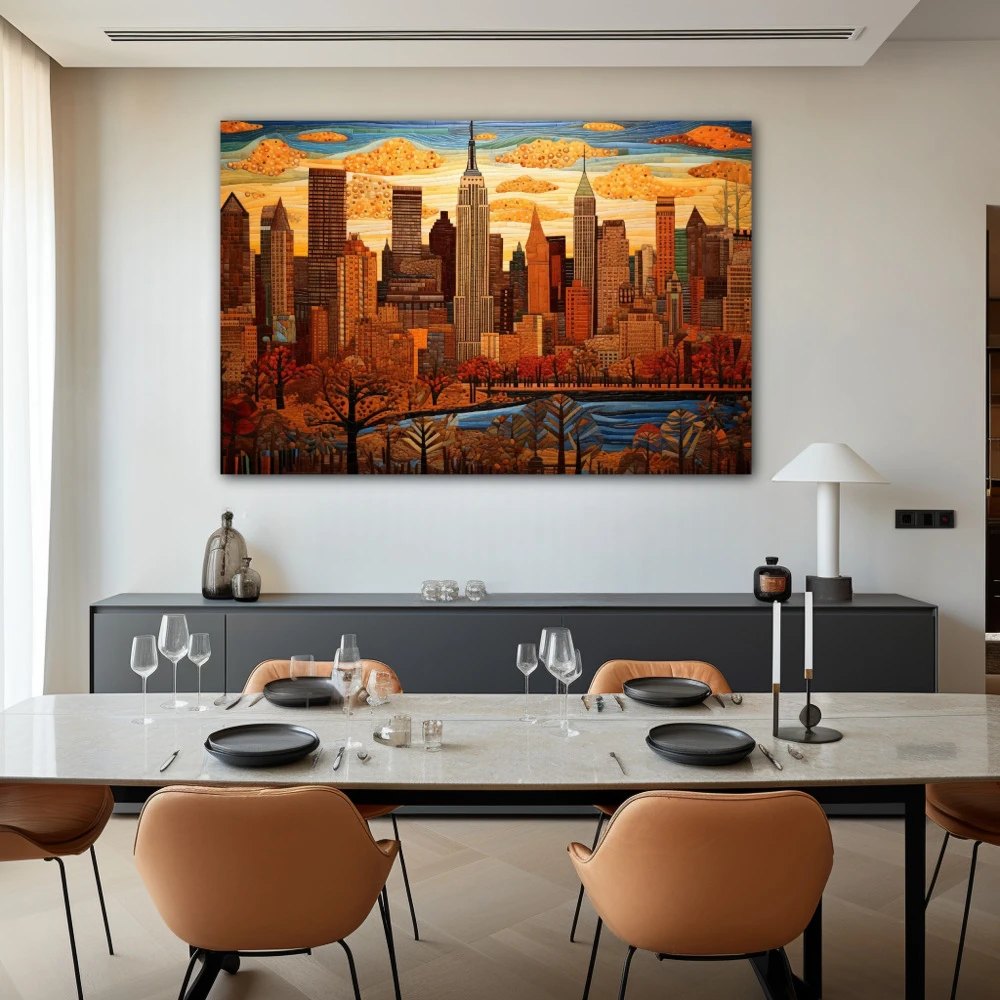 Wall Art titled: The City That Never Sleeps in a Horizontal format with: Blue, Brown, and Beige Colors; Decoration the Living Room wall