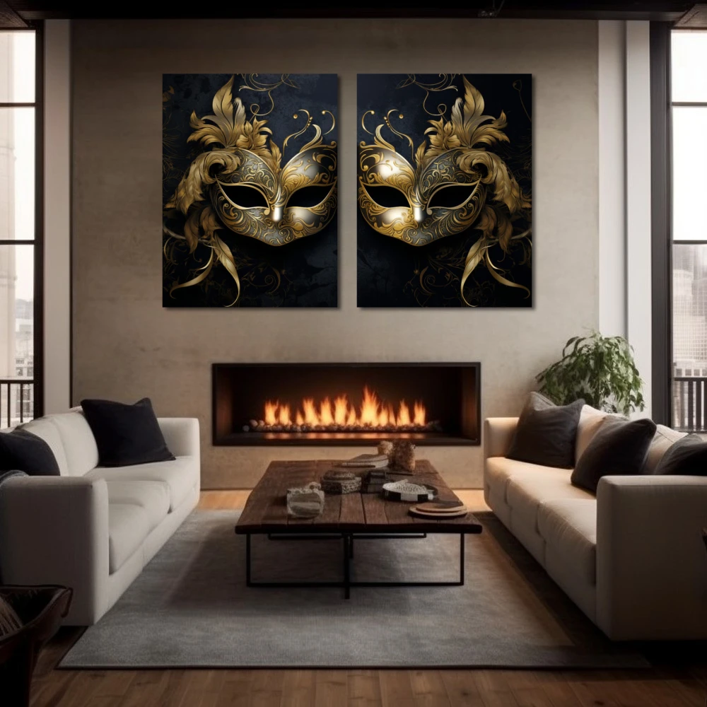 Wall Art titled: The Two Faces of the Same Coin in a Horizontal format with: Golden, and Black Colors; Decoration the Fireplace wall