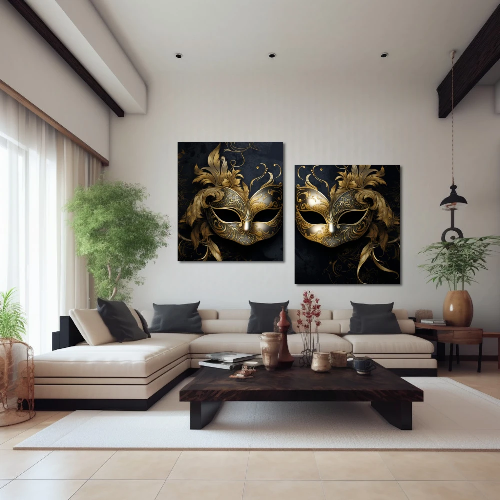 Cuadro las 2 caras de la misma moneda en formato díptico con colores dorado, negro; decorando pared de encima del sofá