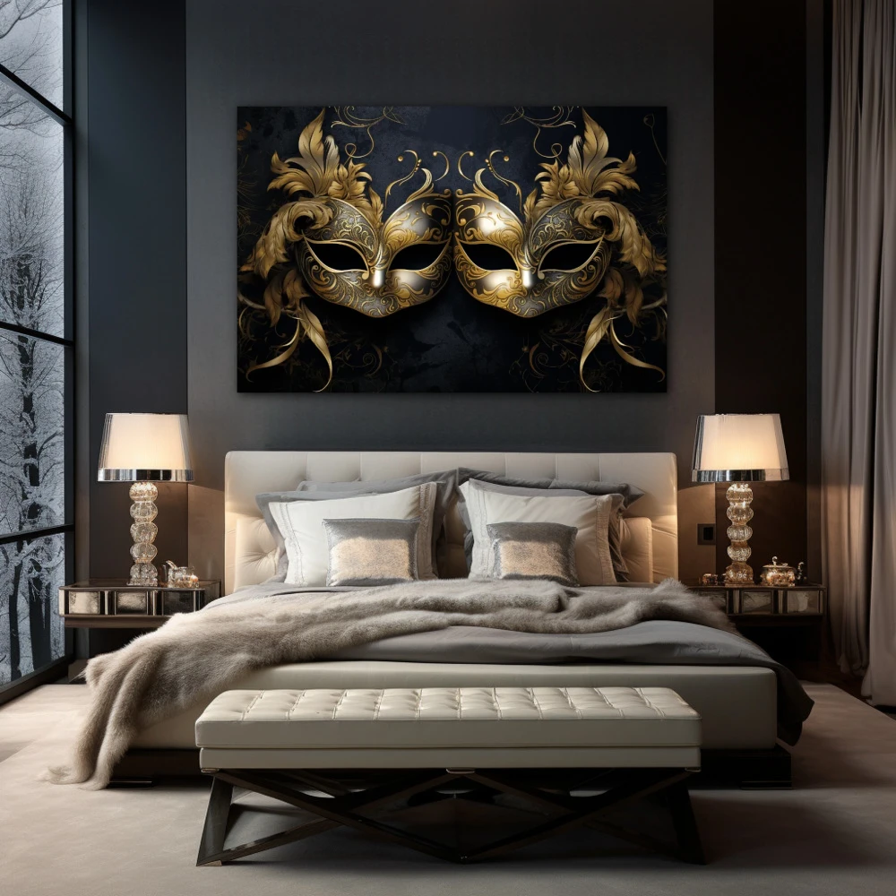 Wall Art titled: The Two Faces of the Same Coin in a Horizontal format with: Golden, and Black Colors; Decoration the Bedroom wall