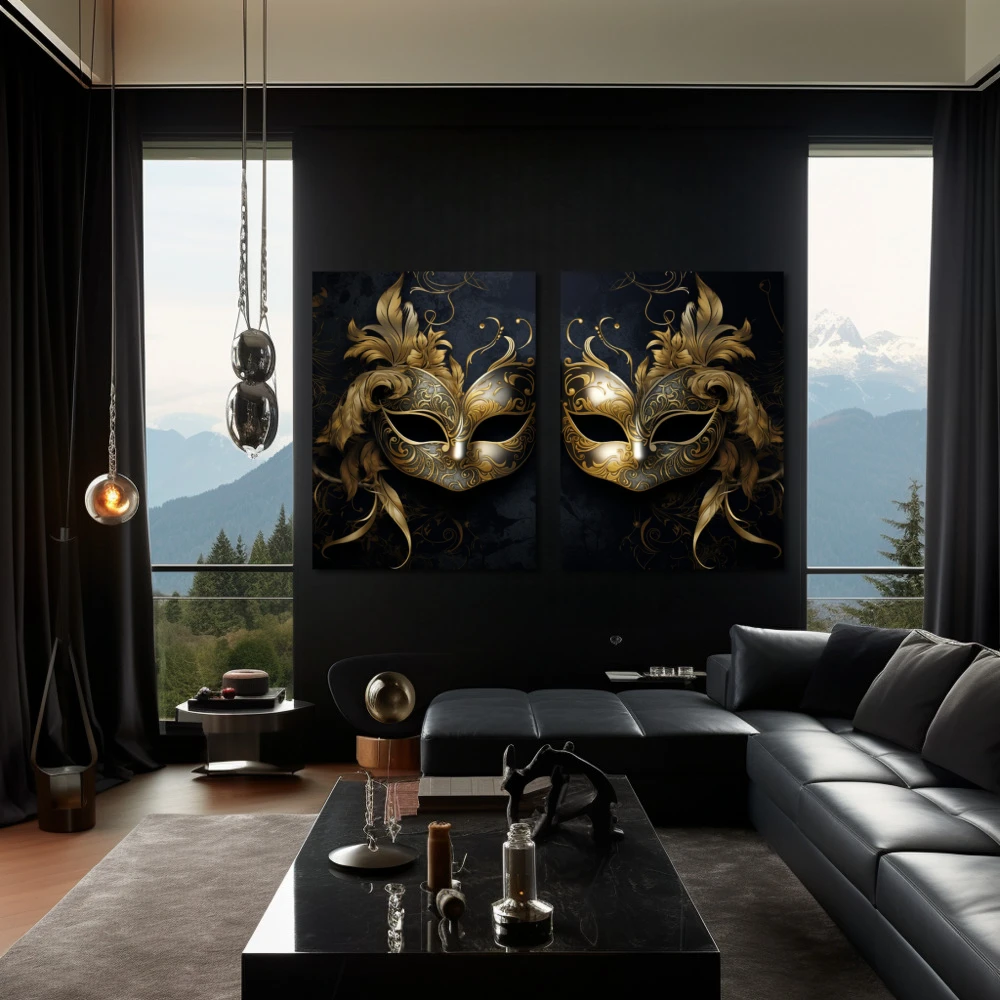 Wall Art titled: The Two Faces of the Same Coin in a Horizontal format with: Golden, and Black Colors; Decoration the Black Walls wall