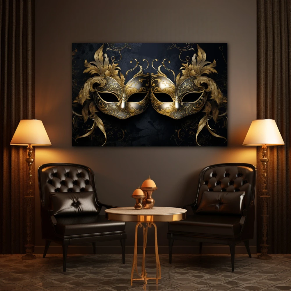 Wall Art titled: The Two Faces of the Same Coin in a Horizontal format with: Golden, and Black Colors; Decoration the Living Room wall