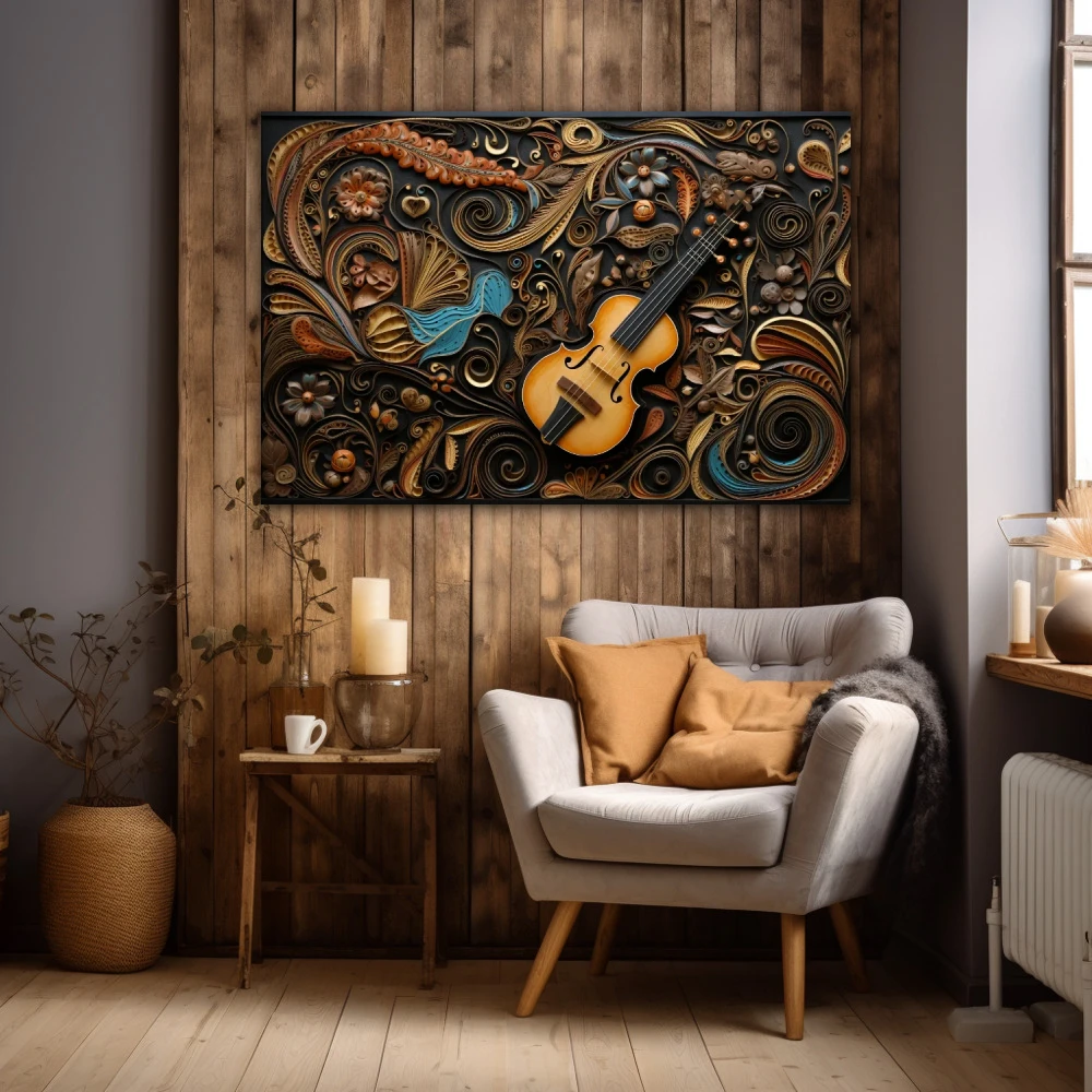 Cuadro vibraciones del alma en formato horizontal con colores gris, marrón; decorando pared madera
