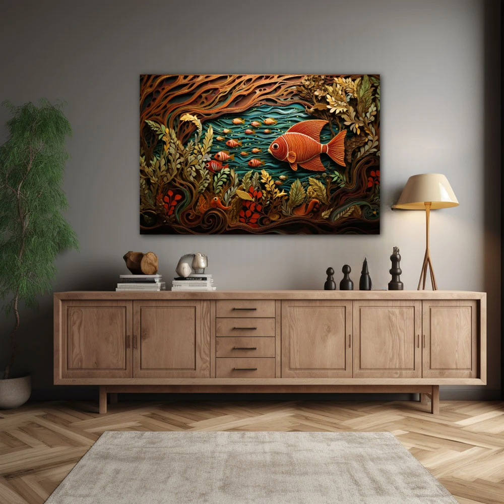 Wall Art titled: The Primordial Soup in a Horizontal format with: Brown, Orange, and Green Colors; Decoration the Sideboard wall