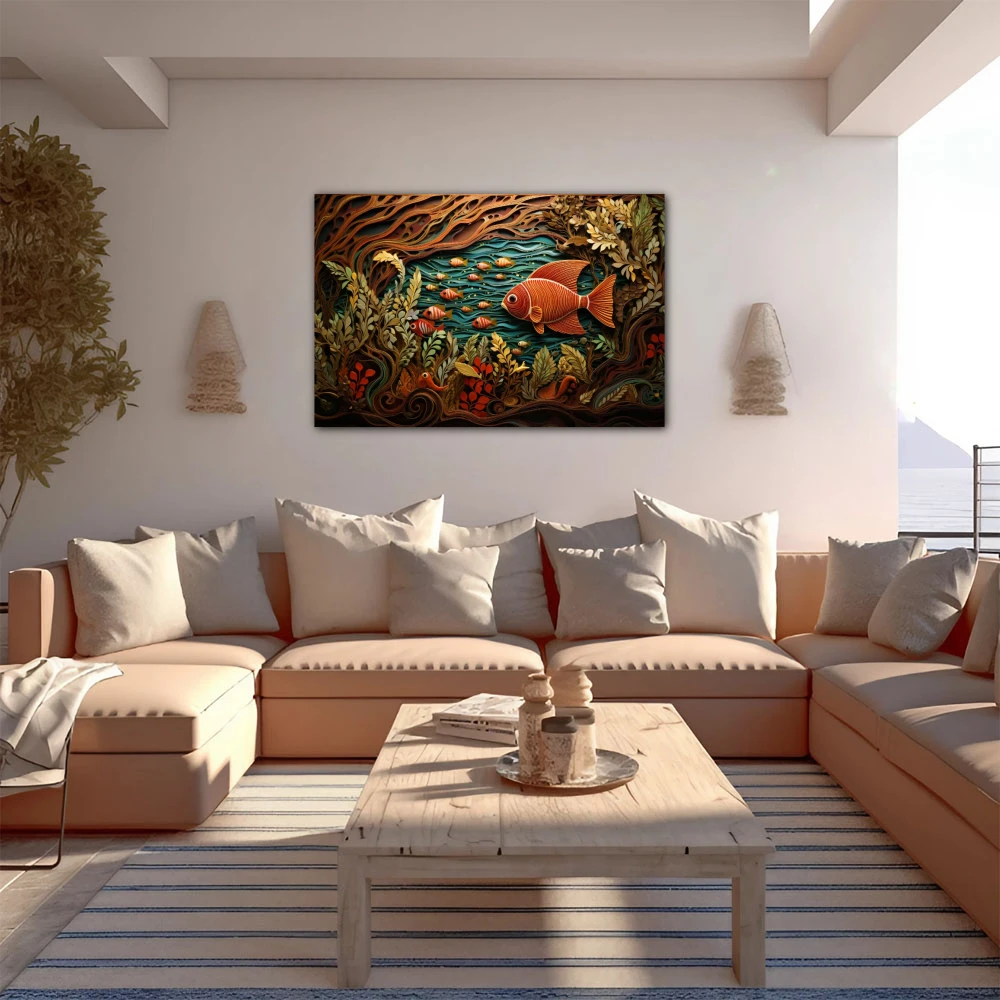 Wall Art titled: The Primordial Soup in a Horizontal format with: Brown, Orange, and Green Colors; Decoration the  wall