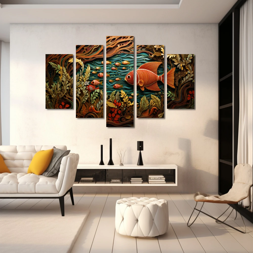 Wall Art titled: The Primordial Soup in a Horizontal format with: Brown, Orange, and Green Colors; Decoration the White Wall wall