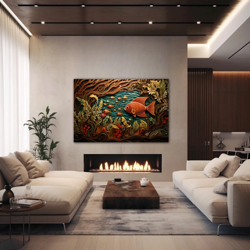 Wall Art titled: The Primordial Soup in a Horizontal format with: Brown, Orange, and Green Colors; Decoration the Fireplace wall