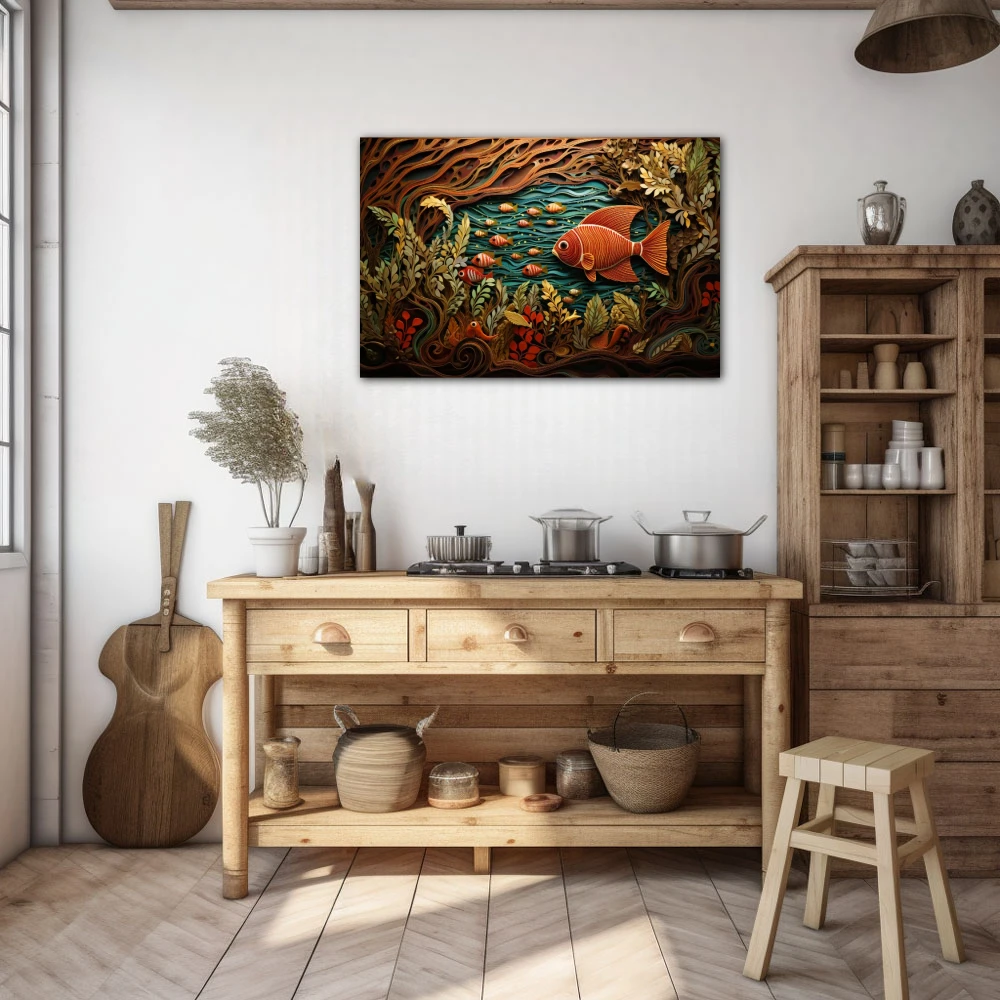 Wall Art titled: The Primordial Soup in a Horizontal format with: Brown, Orange, and Green Colors; Decoration the Kitchen wall