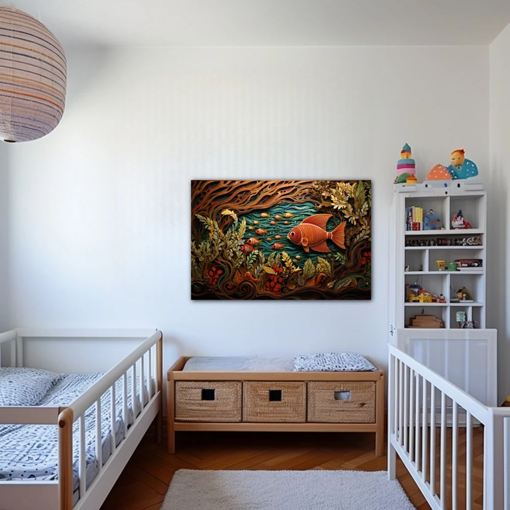 Wall Art titled: The Primordial Soup in a Horizontal format with: Brown, Orange, and Green Colors; Decoration the Nursery wall
