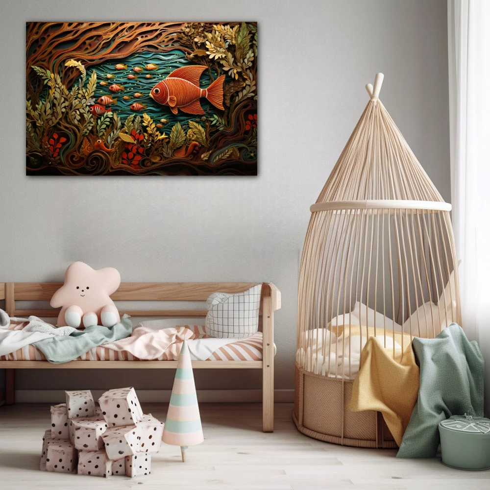 Wall Art titled: The Primordial Soup in a Horizontal format with: Brown, Orange, and Green Colors; Decoration the Nursery wall