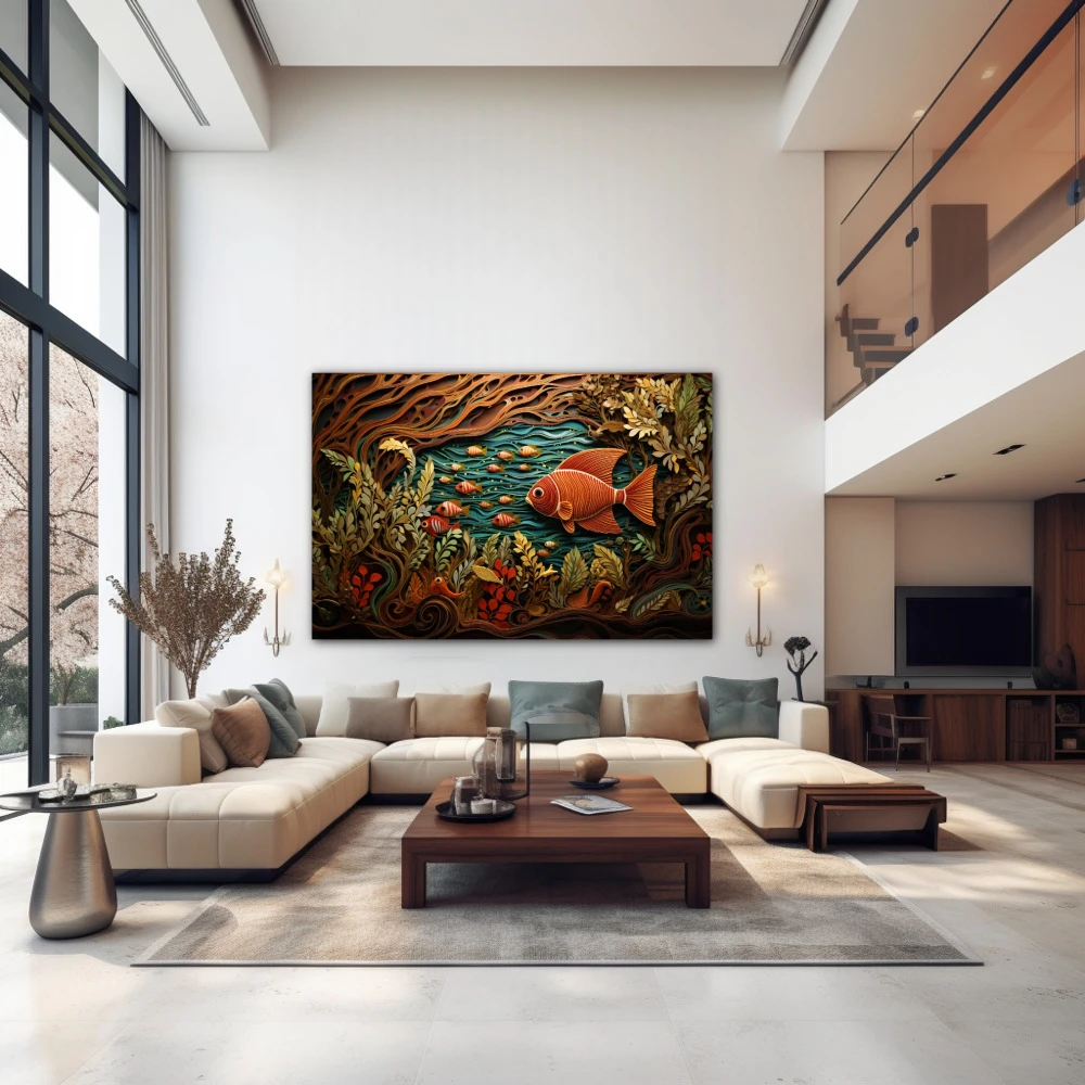 Wall Art titled: The Primordial Soup in a Horizontal format with: Brown, Orange, and Green Colors; Decoration the Above Couch wall