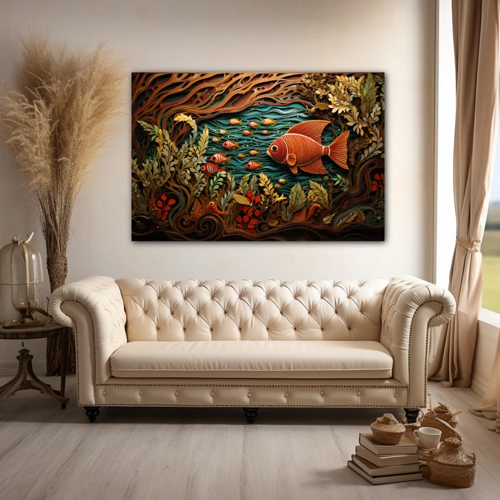 Wall Art titled: The Primordial Soup in a Horizontal format with: Brown, Orange, and Green Colors; Decoration the Above Couch wall
