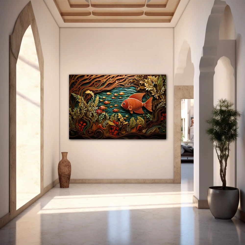 Wall Art titled: The Primordial Soup in a Horizontal format with: Brown, Orange, and Green Colors; Decoration the Entryway wall