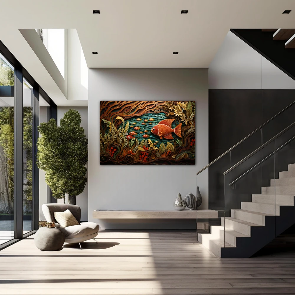 Wall Art titled: The Primordial Soup in a Horizontal format with: Brown, Orange, and Green Colors; Decoration the Staircase wall