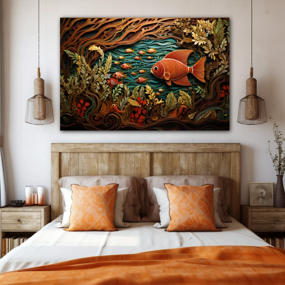 Wall Art titled: The Primordial Soup in a Horizontal format with: Brown, Orange, and Green Colors; Decoration the Bedroom wall