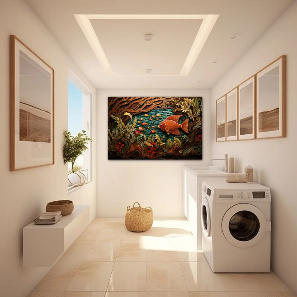 Wall Art titled: The Primordial Soup in a Horizontal format with: Brown, Orange, and Green Colors; Decoration the Laundry wall