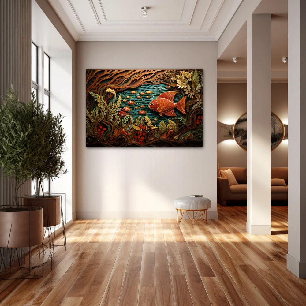 Wall Art titled: The Primordial Soup in a Horizontal format with: Brown, Orange, and Green Colors; Decoration the Hallway wall