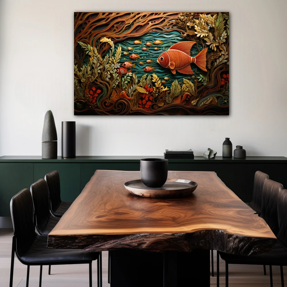 Cuadro la sopa primigenia en formato horizontal con colores marrón, naranja, verde; decorando pared de salón comedor