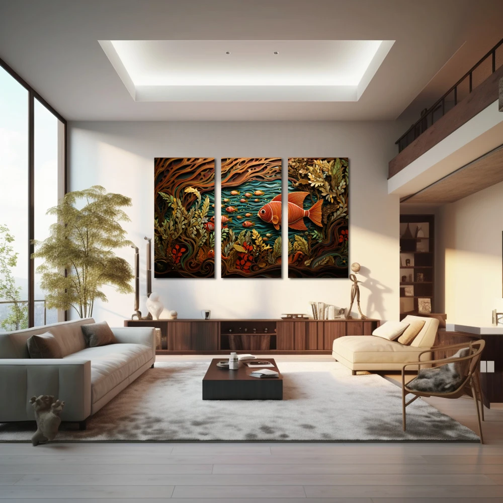 Wall Art titled: The Primordial Soup in a Horizontal format with: Brown, Orange, and Green Colors; Decoration the Living Room wall