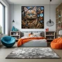 Cuadro Mirada felina en formato cuadrado con colores Celeste, Marrón; Decorando pared de Dormitorio Juvenil