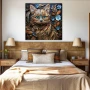 Cuadro Mirada felina en formato cuadrado con colores Celeste, Marrón; Decorando pared de Habitación dormitorio