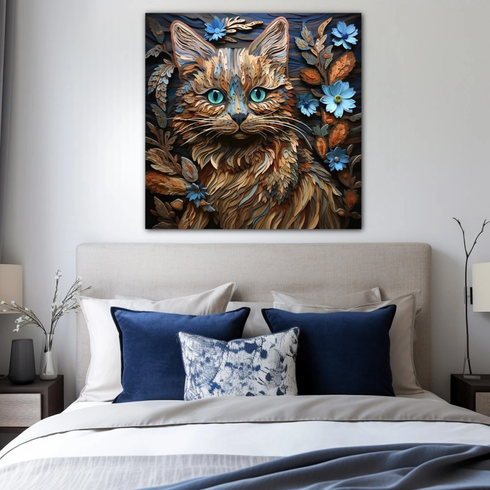 Cuadro mirada felina en formato cuadrado con colores celeste, marrón; decorando pared de habitación dormitorio