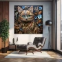 Cuadro Mirada felina en formato cuadrado con colores Celeste, Marrón; Decorando pared de Salón comedor