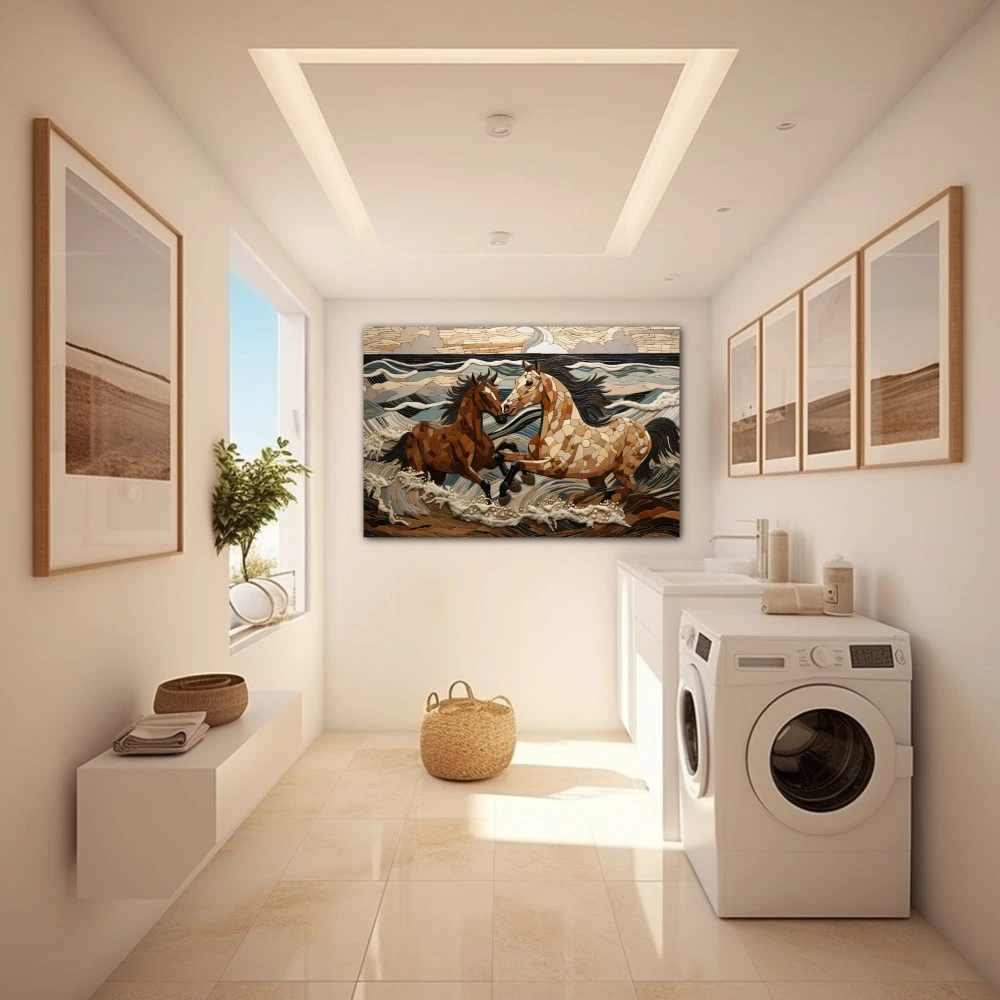 Cuadro espíritus salvajes en formato horizontal con colores blanco, marrón, beige; decorando pared de lavanderia