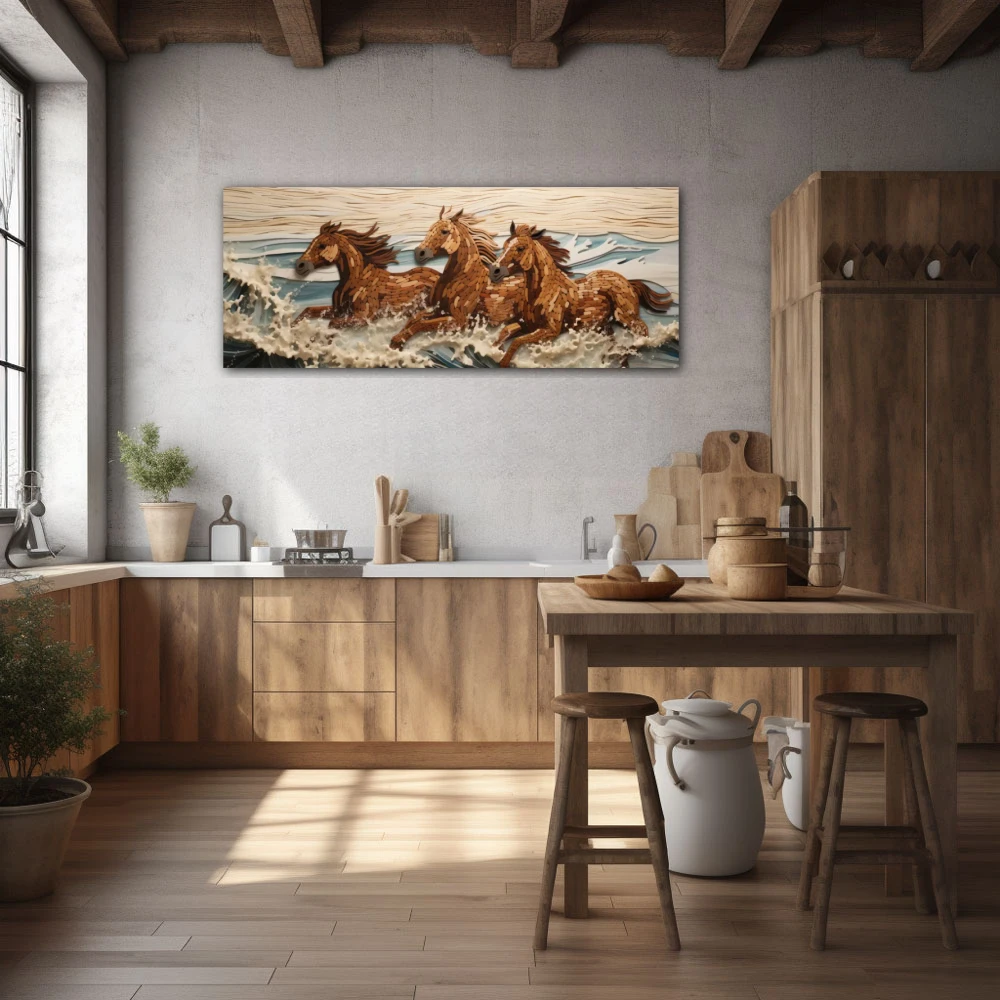 Wall Art titled: Galloping in Freedom in a Elongated format with: white, Brown, and Beige Colors; Decoration the Kitchen wall
