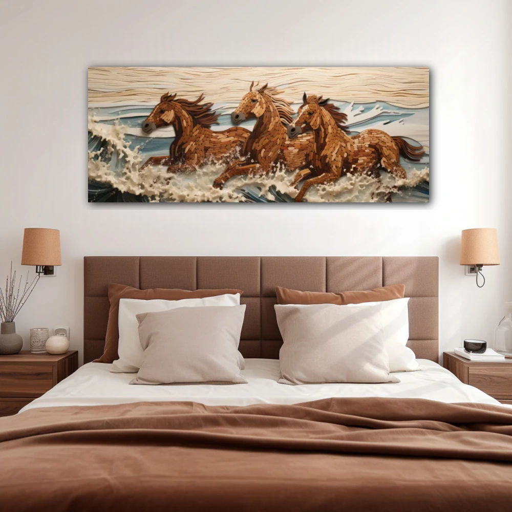 Wall Art titled: Galloping in Freedom in a Elongated format with: white, Brown, and Beige Colors; Decoration the Bedroom wall