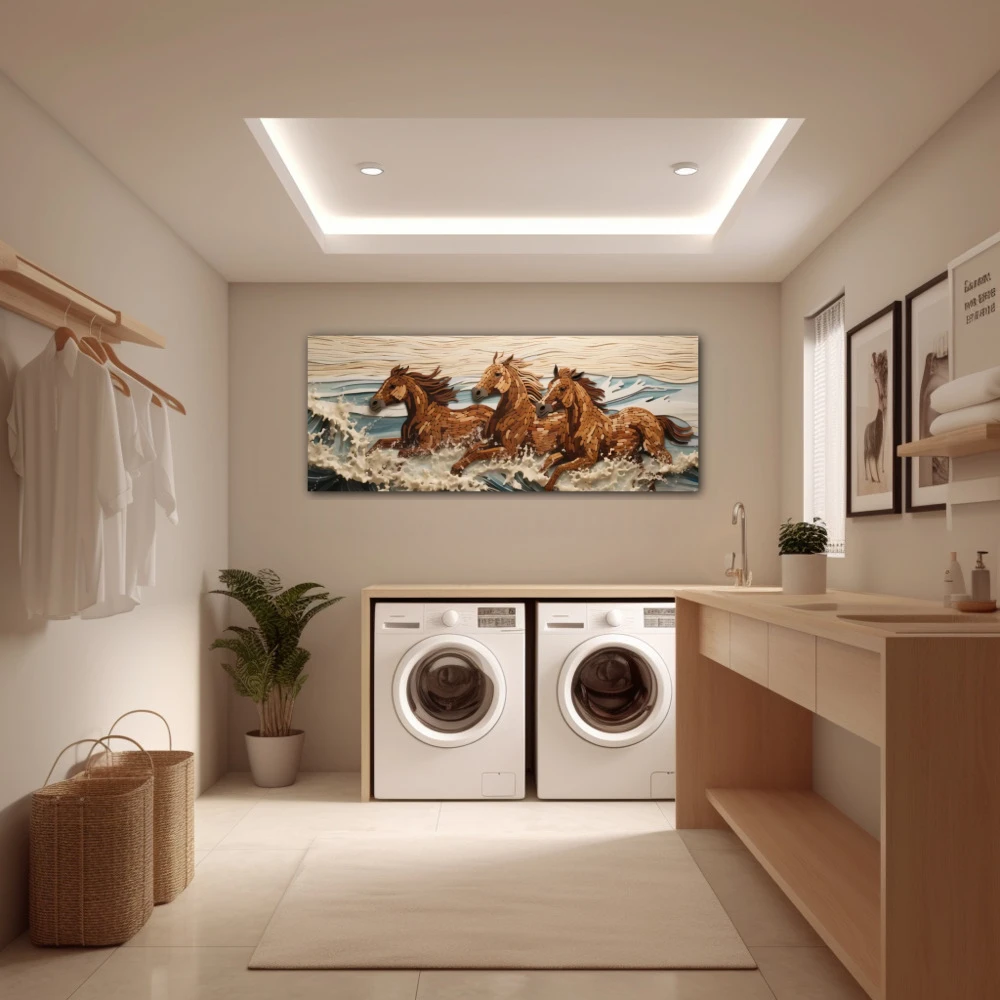 Cuadro galopando en libertad en formato apaisado con colores blanco, marrón, beige; decorando pared de lavanderia