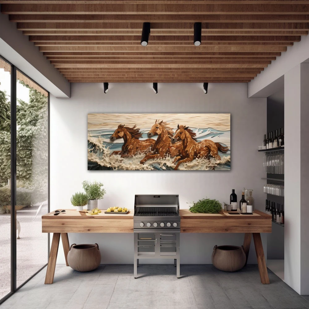 Wall Art titled: Galloping in Freedom in a Elongated format with: white, Brown, and Beige Colors; Decoration the Quinchos wall