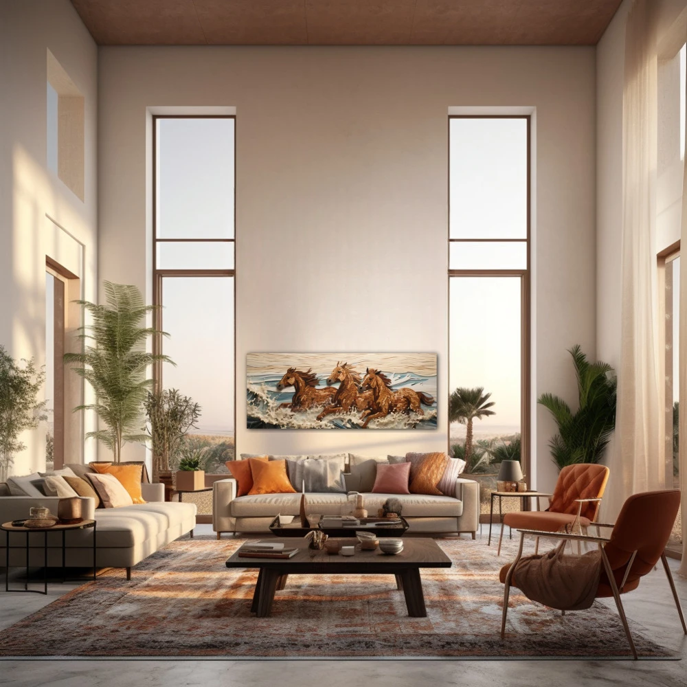 Cuadro galopando en libertad en formato apaisado con colores blanco, marrón, beige; decorando pared de salón comedor