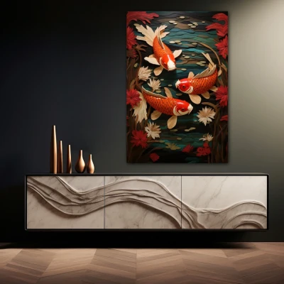 Wall Art titled: The Good Fortune in a  format with: Orange, Red, and Green Colors; Decoration the Sideboard wall